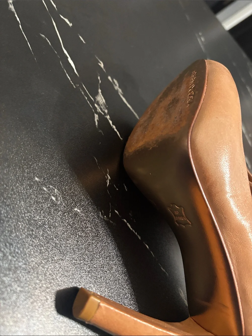 BCBGMaxAzria All leather made in Brazil Tan Peep-Toe Leather Pumps